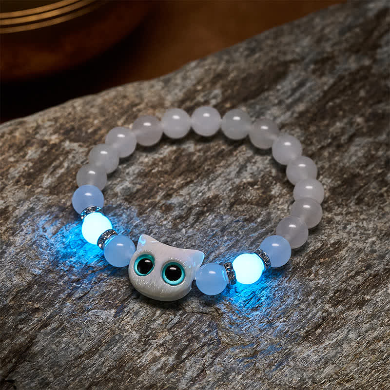Buddha Stones White Jade Black Obsidian Cute Cat Head Purity Beaded Bracelet