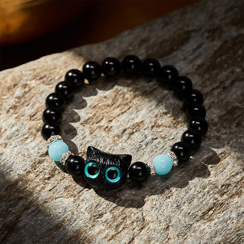 EverestArtstudios White Jade Black Obsidian Cute Cat Head Purity Beaded Bracelet