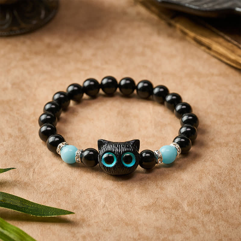 Buddha Stones White Jade Black Obsidian Cute Cat Head Purity Beaded Bracelet