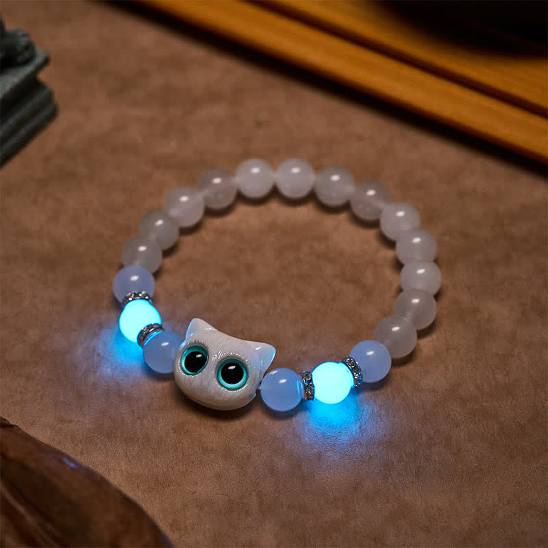 Buddha Stones White Jade Black Obsidian Cute Cat Head Purity Beaded Bracelet