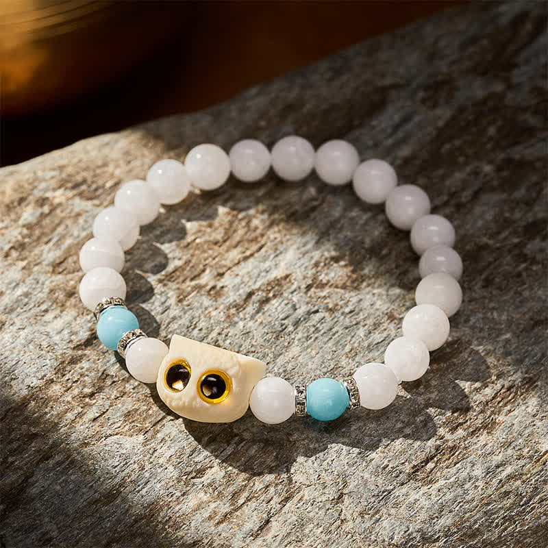 Buddha Stones Black Obsidian White Chalcedony Big-Eye Cat Head Purity Bead Bracelet