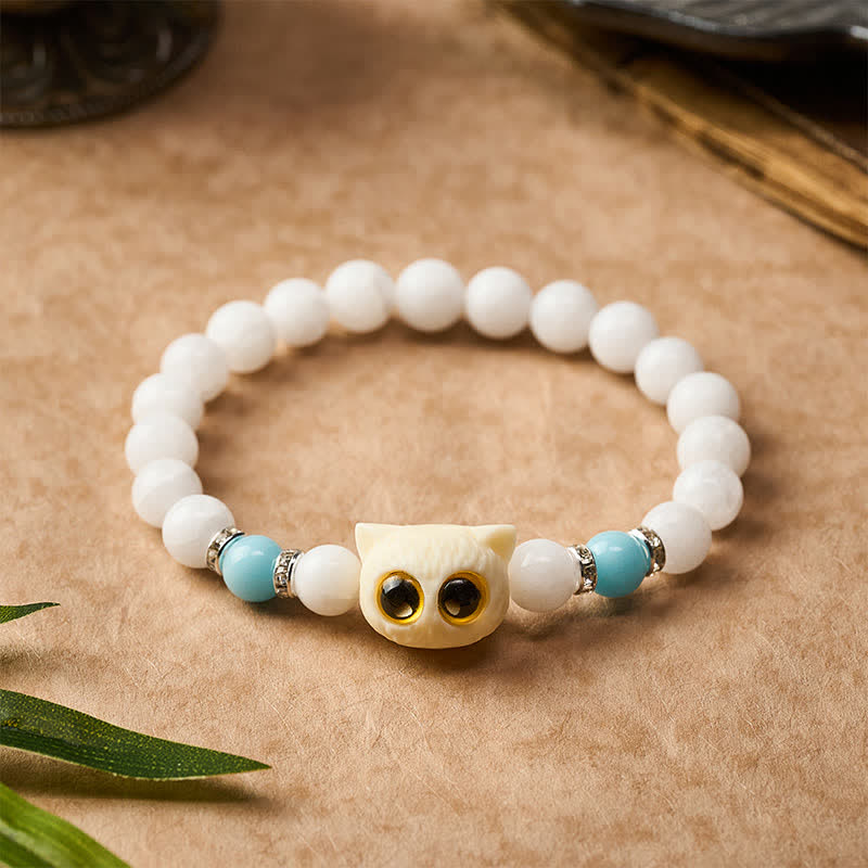 Buddha Stones Black Obsidian White Chalcedony Big-Eye Cat Head Purity Bead Bracelet