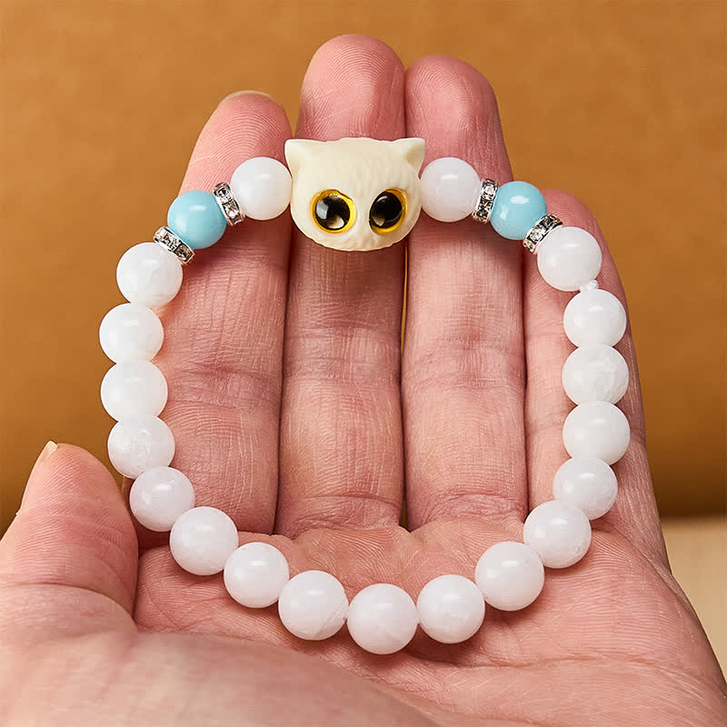 Buddha Stones Black Obsidian White Chalcedony Big-Eye Cat Head Purity Bead Bracelet
