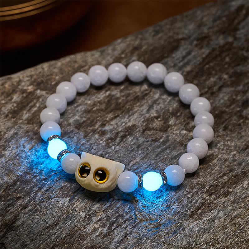 Buddha Stones Black Obsidian White Chalcedony Big-Eye Cat Head Purity Bead Bracelet