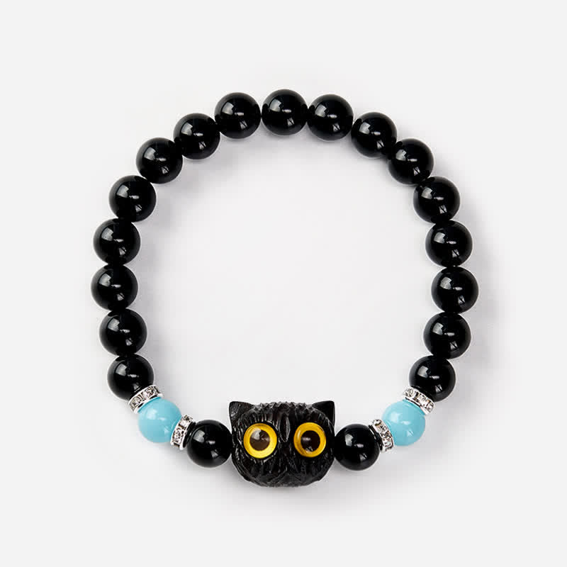 Buddha Stones Black Obsidian White Chalcedony Big-Eye Cat Head Purity Bead Bracelet