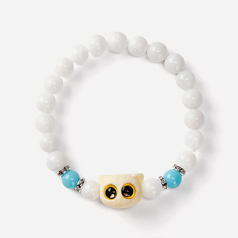 Buddha Stones Black Obsidian White Chalcedony Big-Eye Cat Head Purity Bead Bracelet