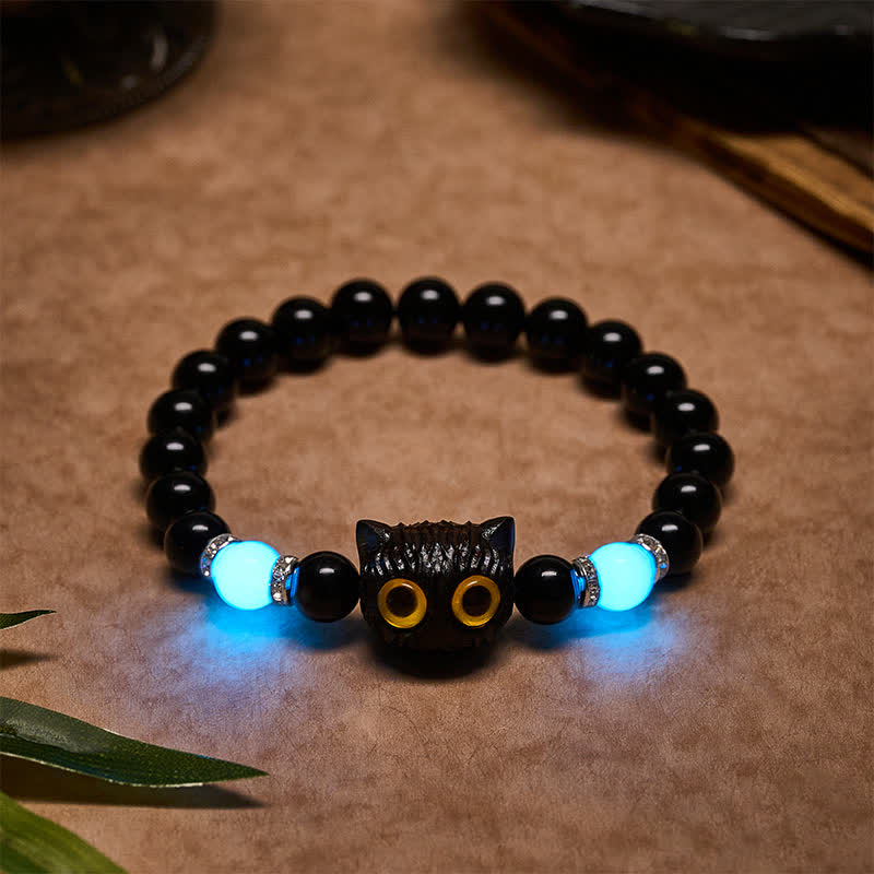 Buddha Stones Black Obsidian White Chalcedony Big-Eye Cat Head Purity Bead Bracelet