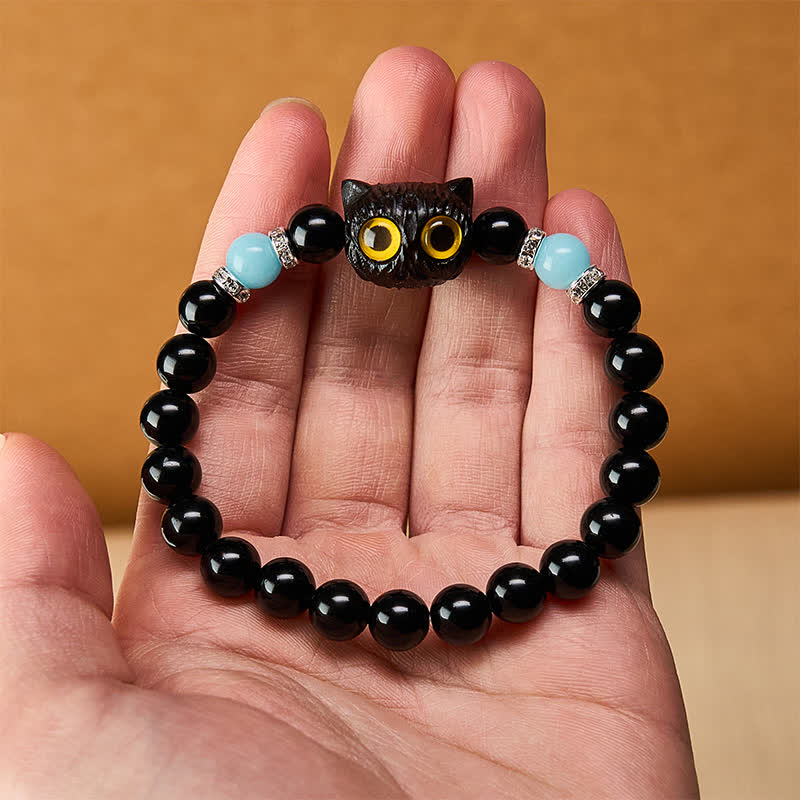 Buddha Stones Black Obsidian White Chalcedony Big-Eye Cat Head Purity Bead Bracelet