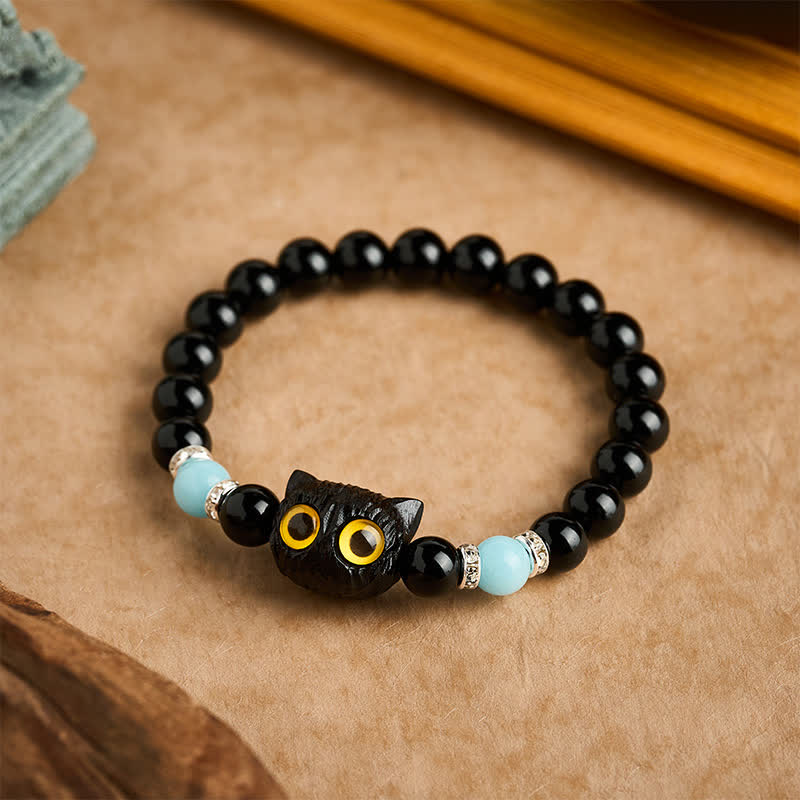 Buddha Stones Black Obsidian White Chalcedony Big-Eye Cat Head Purity Bead Bracelet
