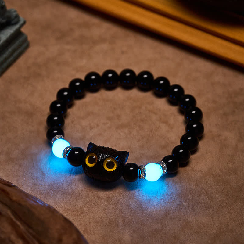 Buddha Stones Black Obsidian White Chalcedony Big-Eye Cat Head Purity Bead Bracelet