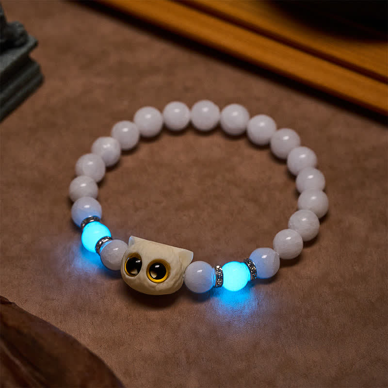 Buddha Stones Black Obsidian White Chalcedony Big-Eye Cat Head Purity Bead Bracelet