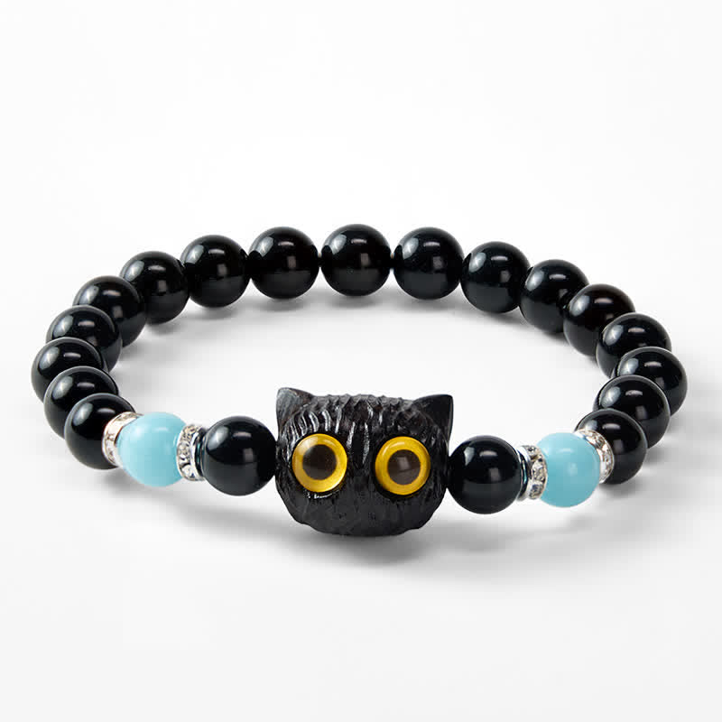 Buddha Stones Black Obsidian White Chalcedony Big-Eye Cat Head Purity Bead Bracelet