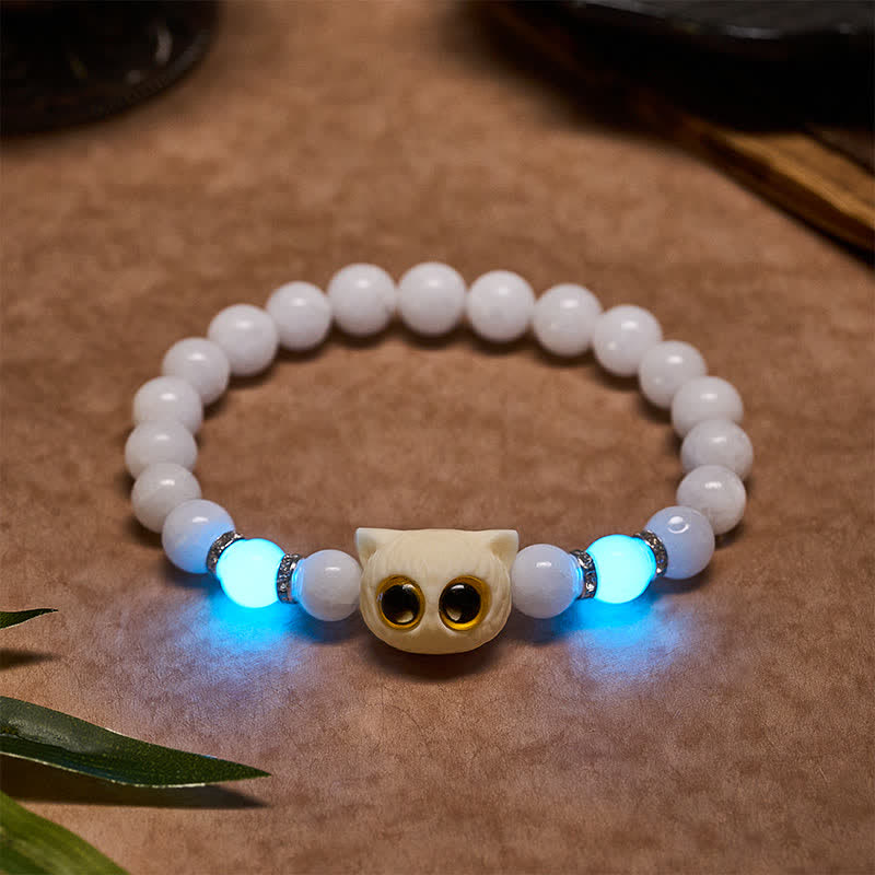 Buddha Stones Black Obsidian White Chalcedony Big-Eye Cat Head Purity Bead Bracelet