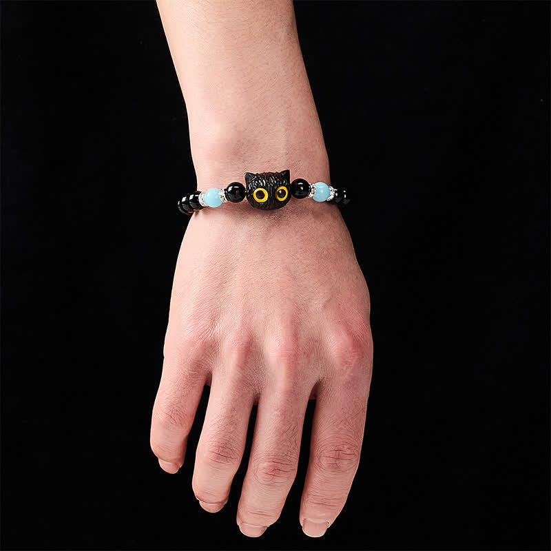 Buddha Stones Black Obsidian White Chalcedony Big-Eye Cat Head Purity Bead Bracelet