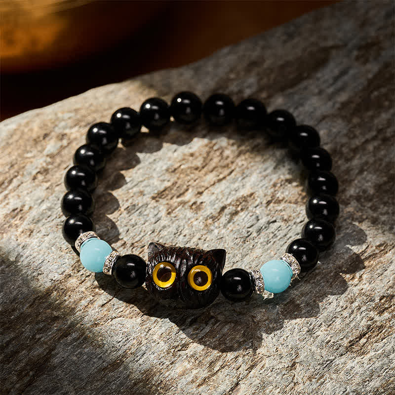 Buddha Stones Black Obsidian White Chalcedony Big-Eye Cat Head Purity Bead Bracelet