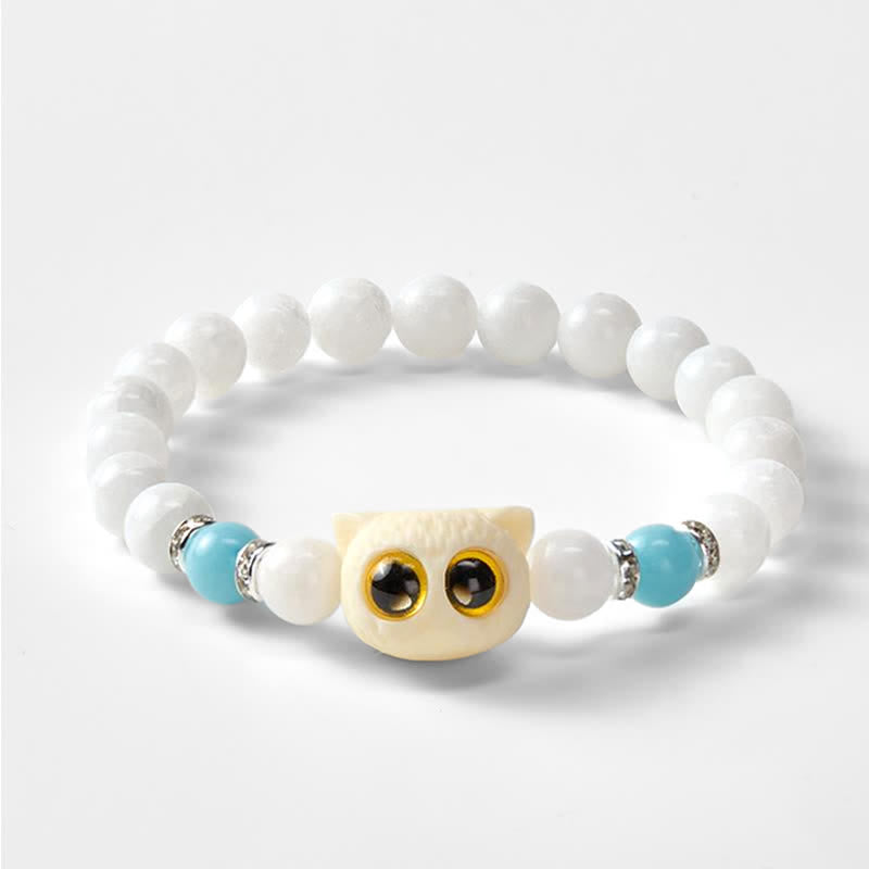 Buddha Stones Black Obsidian White Chalcedony Big-Eye Cat Head Purity Bead Bracelet