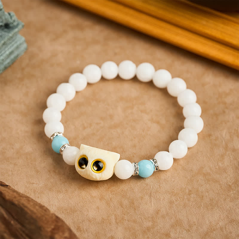 Buddha Stones Black Obsidian White Chalcedony Big-Eye Cat Head Purity Bead Bracelet