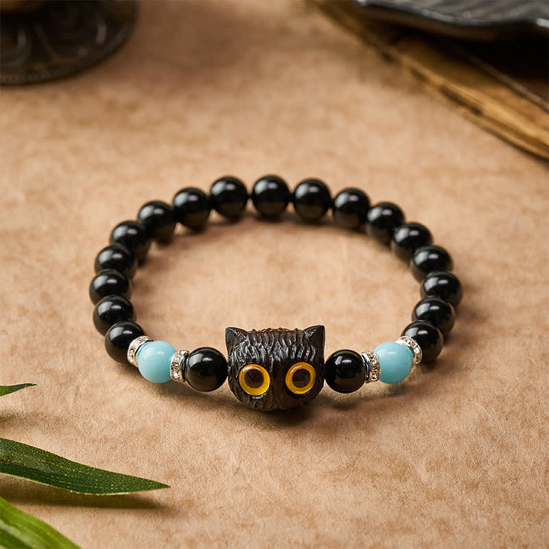 Buddha Stones Black Obsidian White Chalcedony Big-Eye Cat Head Purity Bead Bracelet