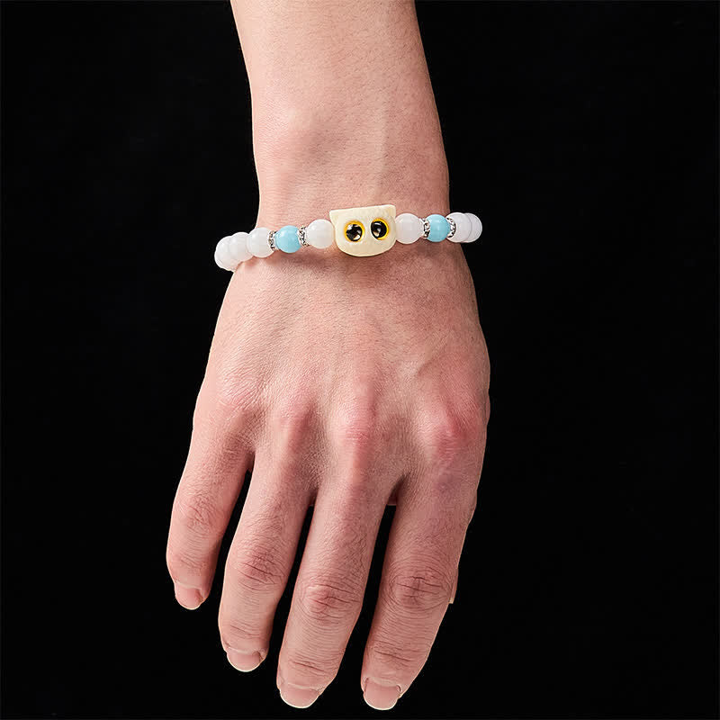 Buddha Stones Black Obsidian White Chalcedony Big-Eye Cat Head Purity Bead Bracelet