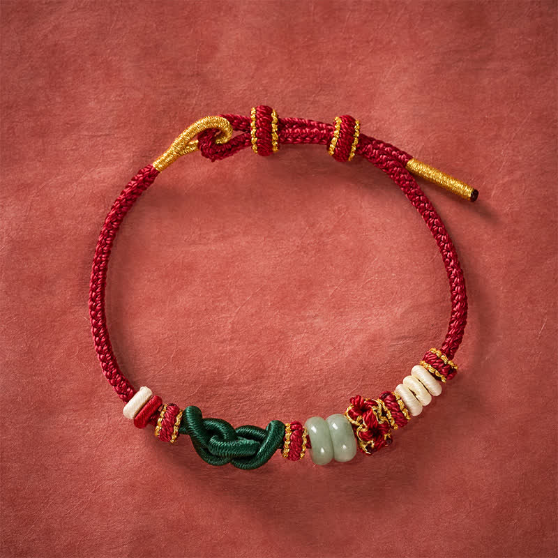Buddha Stones Handmade Braided Ruyi Peach Blossoms Knot Jade Luck Adjustable Bracelet