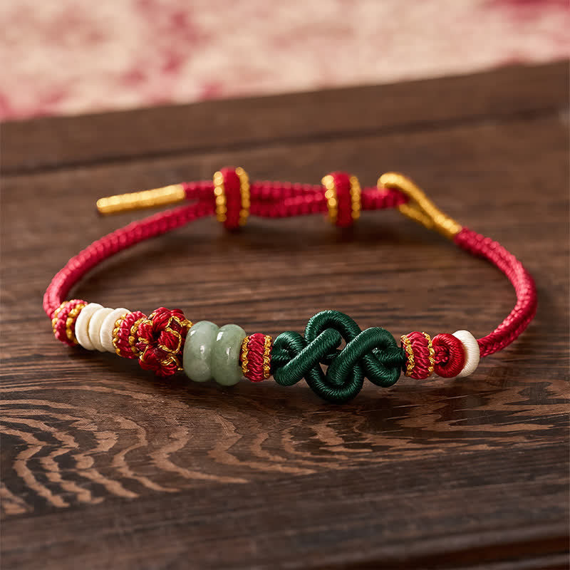 Buddha Stones Handmade Braided Ruyi Peach Blossoms Knot Jade Luck Adjustable Bracelet