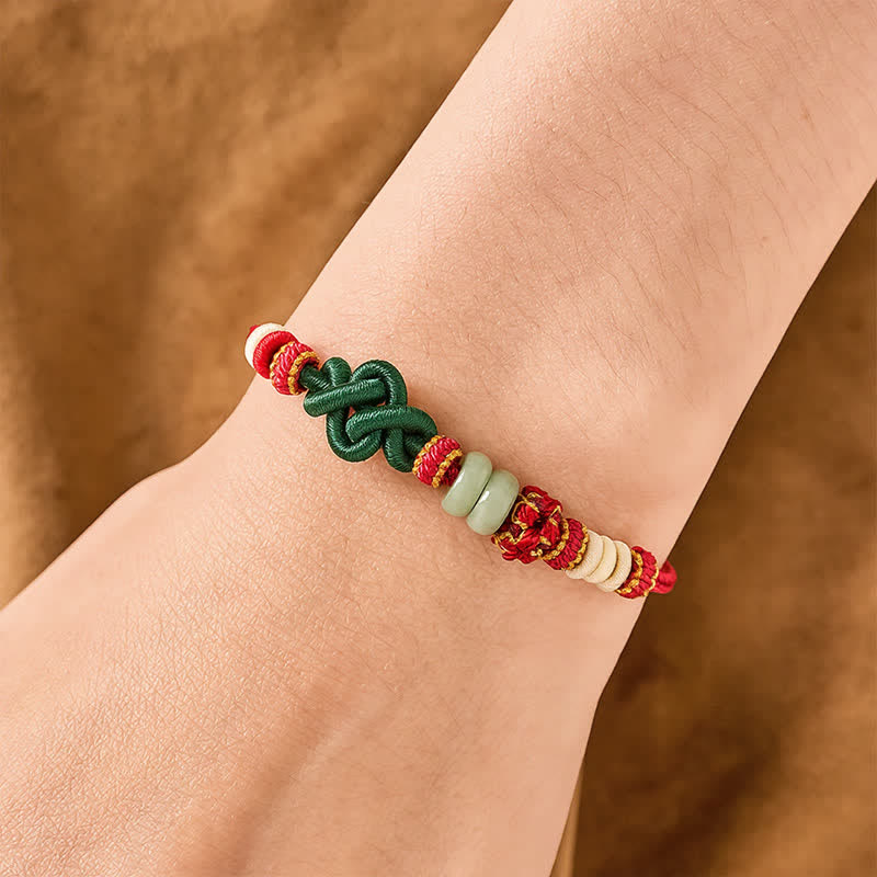 Buddha Stones Handmade Braided Ruyi Peach Blossoms Knot Jade Luck Adjustable Bracelet