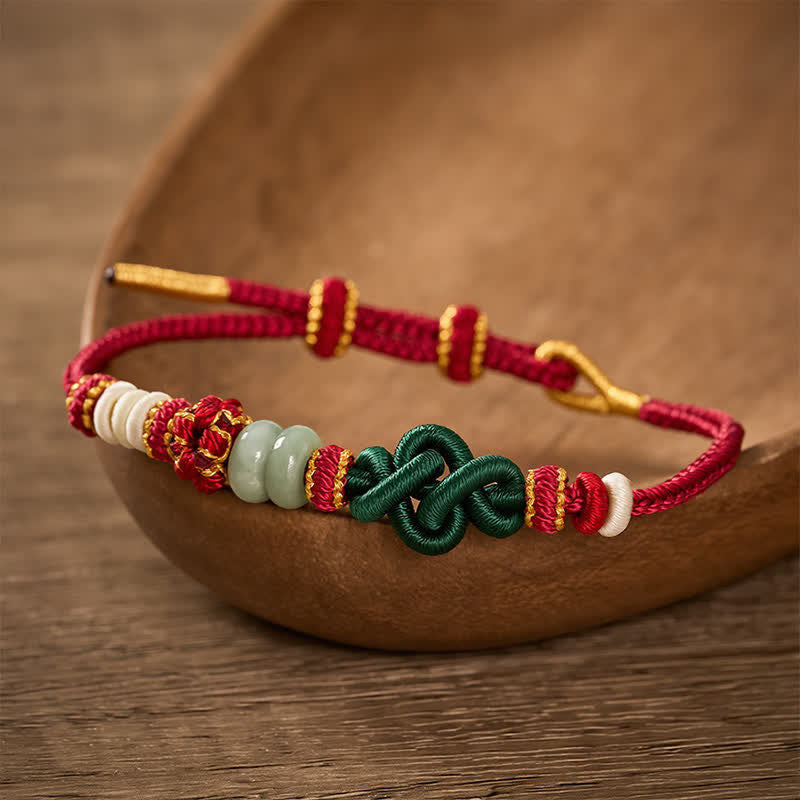 Buddha Stones Handmade Braided Ruyi Peach Blossoms Knot Jade Luck Adjustable Bracelet