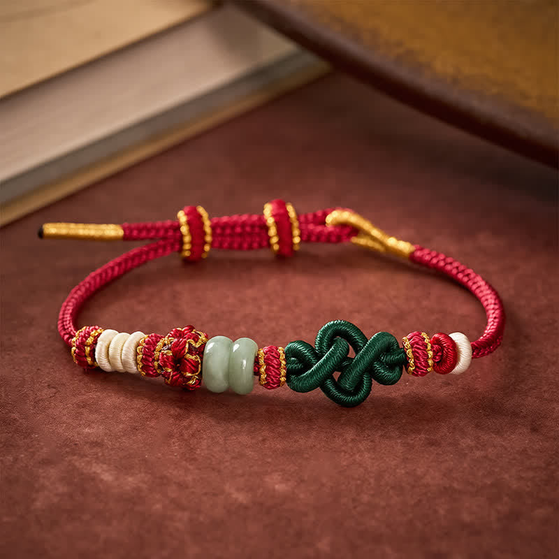 Buddha Stones Handmade Braided Ruyi Peach Blossoms Knot Jade Luck Adjustable Bracelet