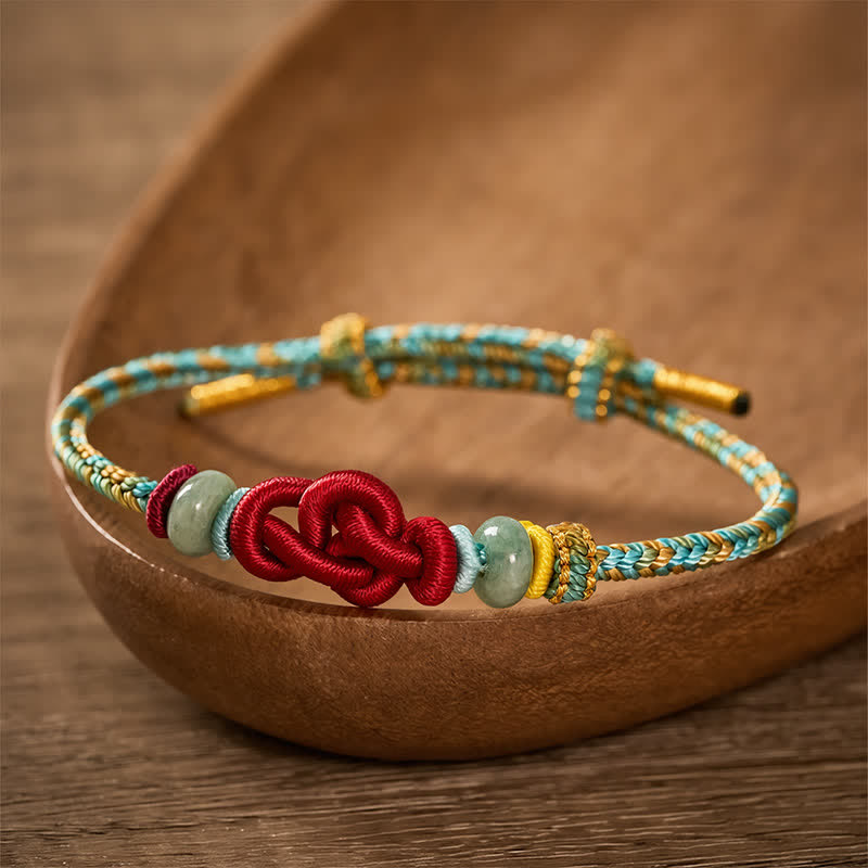 Buddha Stones Handmade Braided Yellow Green Wenchang Knot Jade Luck Adjustable Bracelet