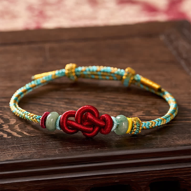 Buddha Stones Handmade Braided Yellow Green Wenchang Knot Jade Luck Adjustable Bracelet