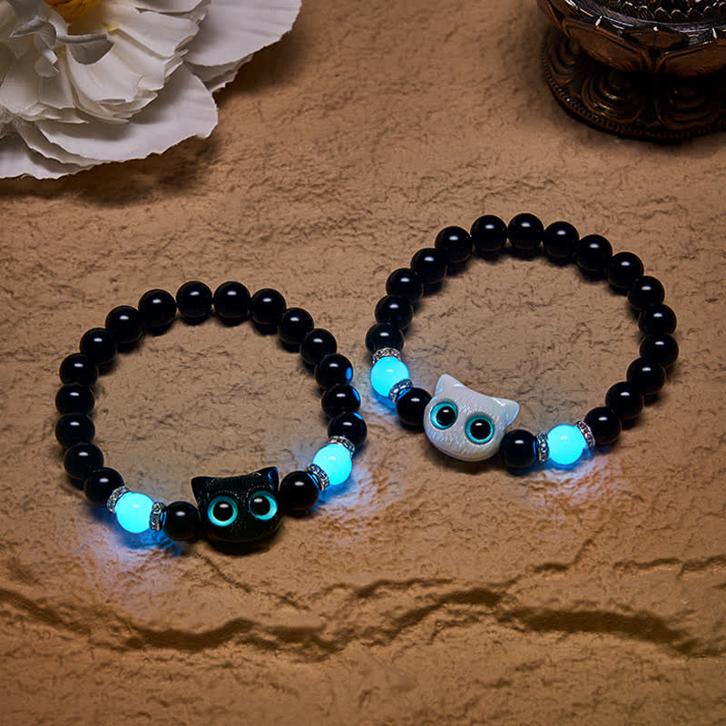 Buddha Stones Black Obsidian Cute Big Eye Cat Protection Beaded Bracelet