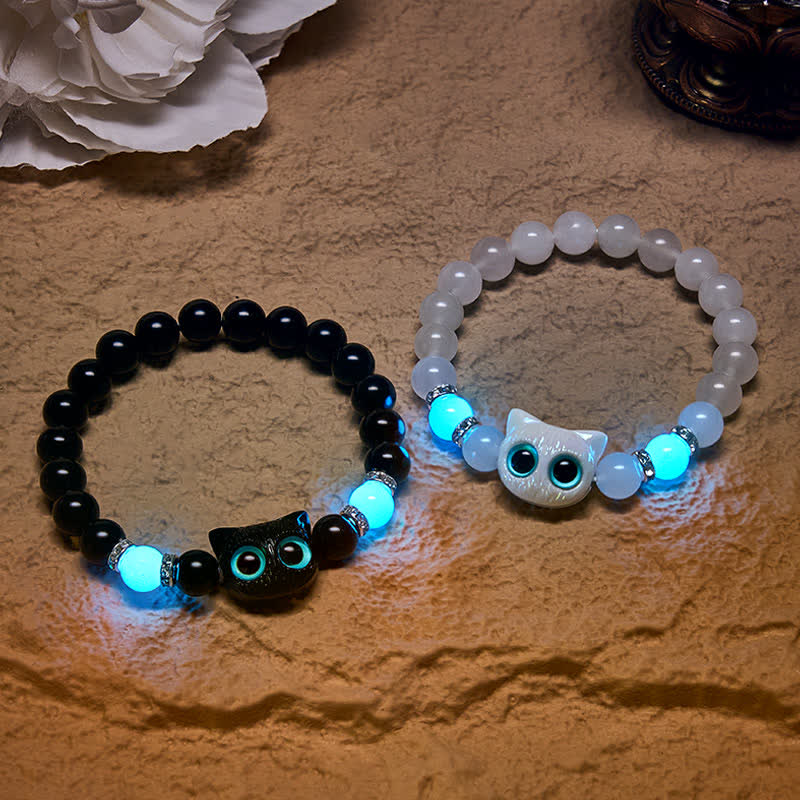 Buddha Stones White Jade Black Obsidian Cute Cat Head Purity Beaded Bracelet