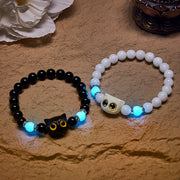 Buddha Stones Black Obsidian White Chalcedony Big-Eye Cat Head Purity Bead Bracelet