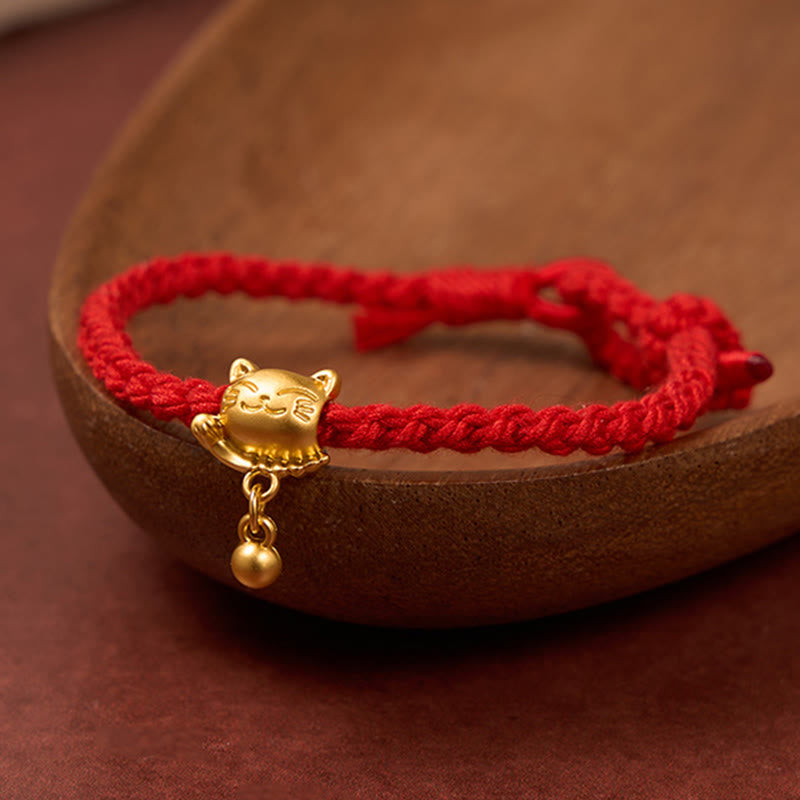 Buddha Stones Tibetan Red String Copper Lucky Cat Drop Ball Pendant Hand-Woven Protection Bracelet