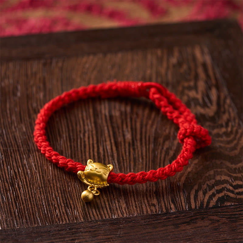 Buddha Stones Tibetan Red String Copper Lucky Cat Drop Ball Pendant Hand-Woven Protection Bracelet