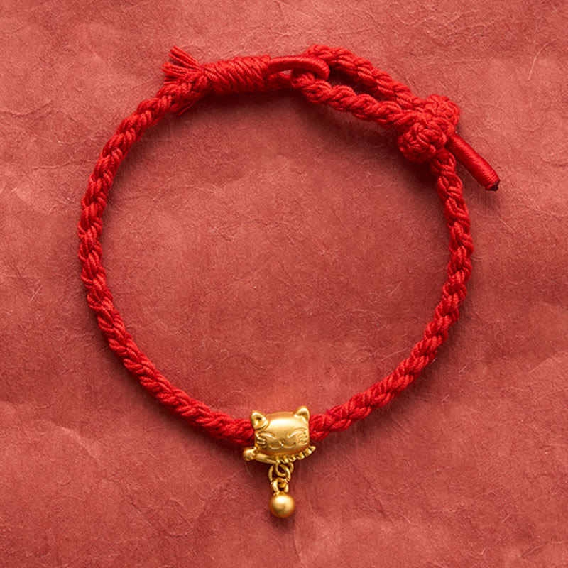 Buddha Stones Tibetan Red String Copper Lucky Cat Drop Ball Pendant Hand-Woven Protection Bracelet