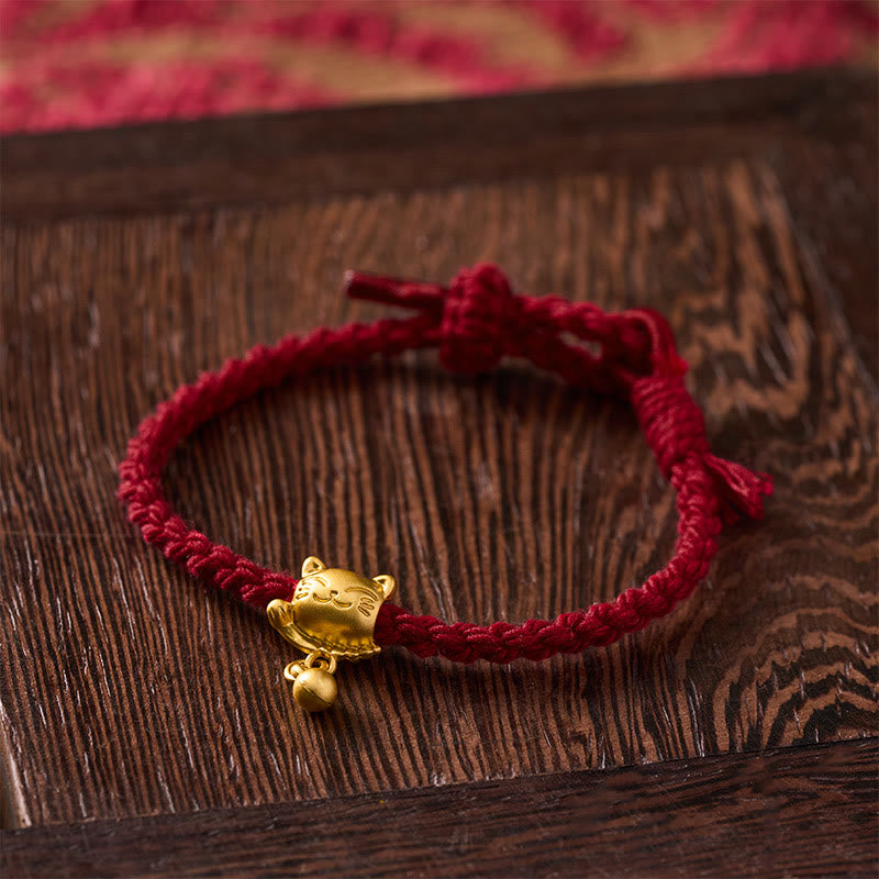 Buddha Stones Tibetan Red String Copper Lucky Cat Drop Ball Pendant Hand-Woven Protection Bracelet