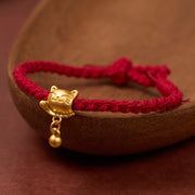 Buddha Stones Tibetan Red String Copper Lucky Cat Drop Ball Pendant Hand-Woven Protection Bracelet