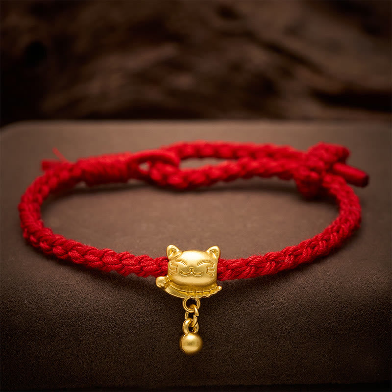 Buddha Stones Tibetan Red String Copper Lucky Cat Drop Ball Pendant Hand-Woven Protection Bracelet