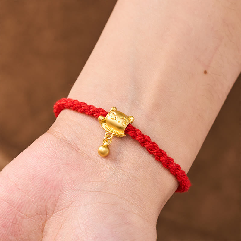 Buddha Stones Tibetan Red String Copper Lucky Cat Drop Ball Pendant Hand-Woven Protection Bracelet