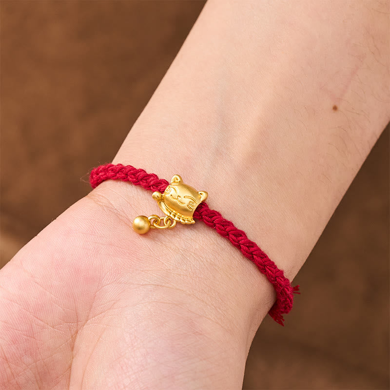Buddha Stones Tibetan Red String Copper Lucky Cat Drop Ball Pendant Hand-Woven Protection Bracelet