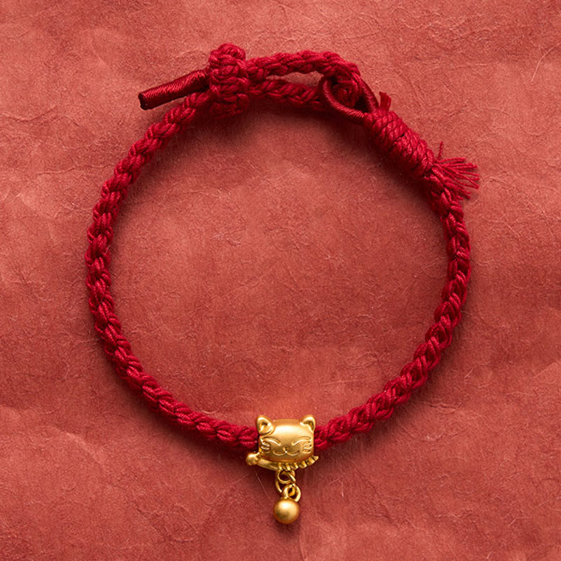 Buddha Stones Tibetan Red String Copper Lucky Cat Drop Ball Pendant Hand-Woven Protection Bracelet
