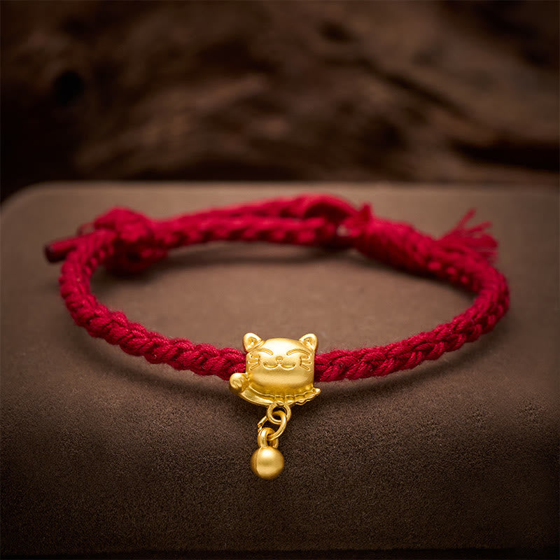 Buddha Stones Tibetan Red String Copper Lucky Cat Drop Ball Pendant Hand-Woven Protection Bracelet