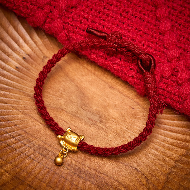 Buddha Stones Tibetan Red String Copper Lucky Cat Drop Ball Pendant Hand-Woven Protection Bracelet