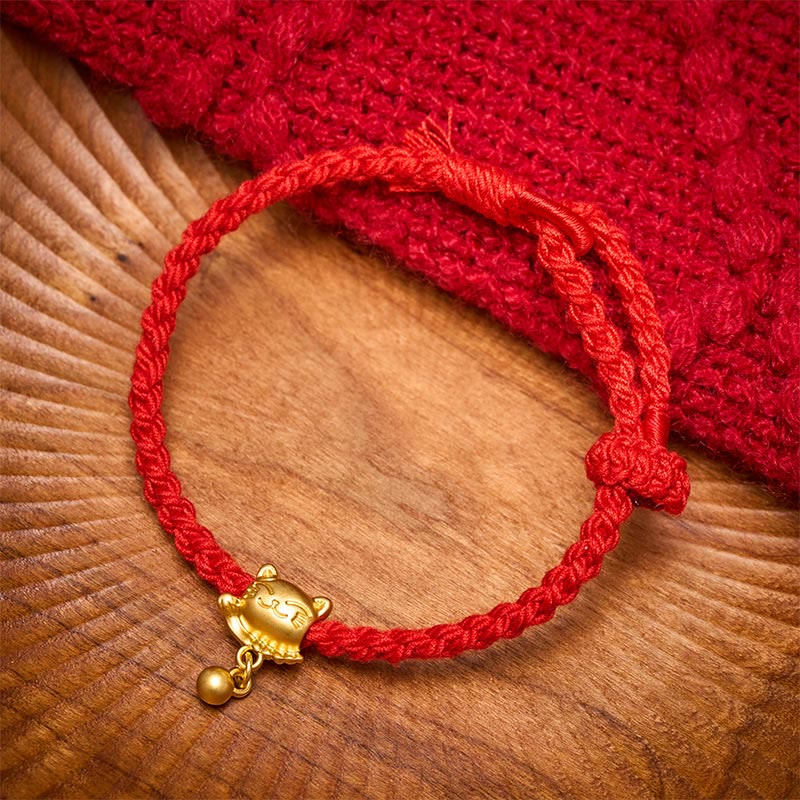 Buddha Stones Tibetan Red String Copper Lucky Cat Drop Ball Pendant Hand-Woven Protection Bracelet