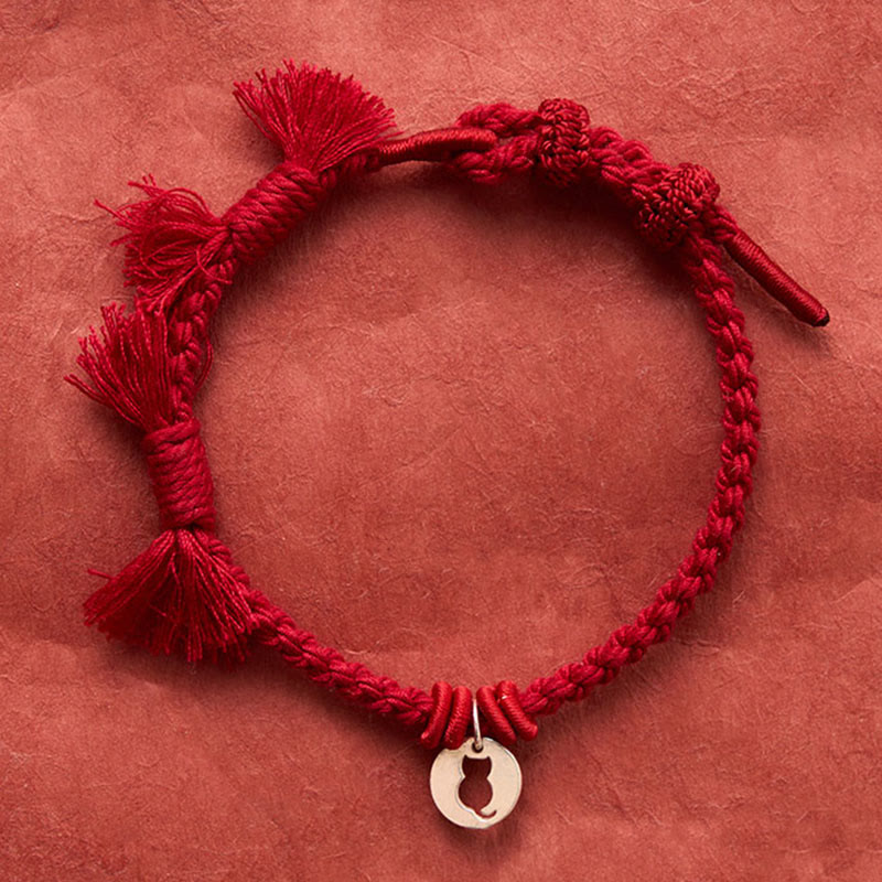 Buddha Stones 925 Sterling Silver Red String Protection Cat Round Hollow Design Charm Bracelet