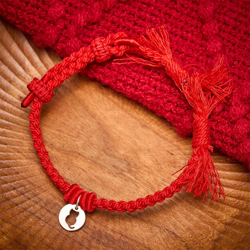 Buddha Stones 925 Sterling Silver Red String Protection Cat Round Hollow Design Charm Bracelet