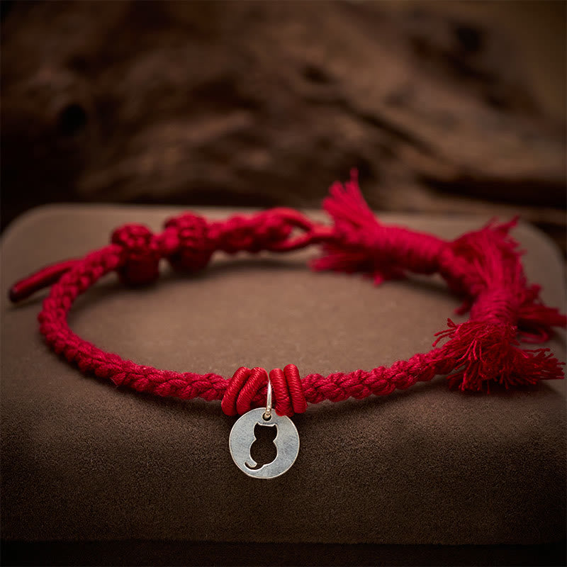 Buddha Stones 925 Sterling Silver Red String Protection Cat Round Hollow Design Charm Bracelet