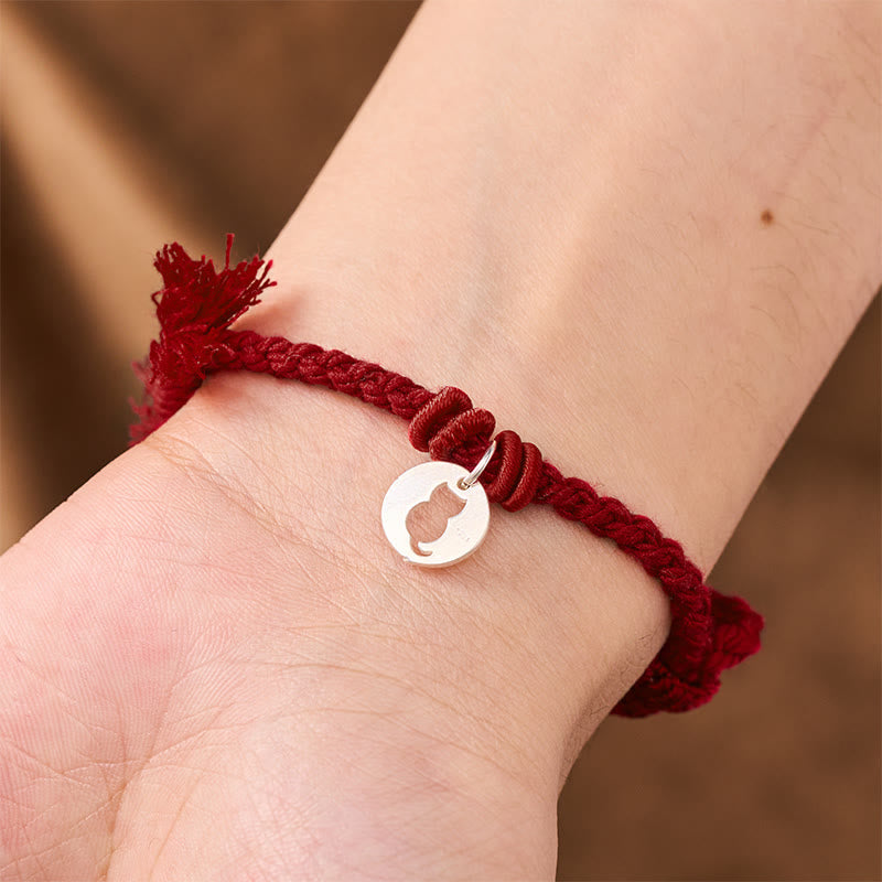 Buddha Stones 925 Sterling Silver Red String Protection Cat Round Hollow Design Charm Bracelet