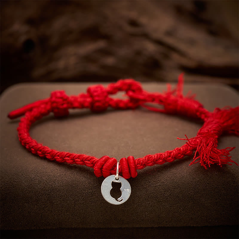 Buddha Stones 925 Sterling Silver Red String Protection Cat Round Hollow Design Charm Bracelet